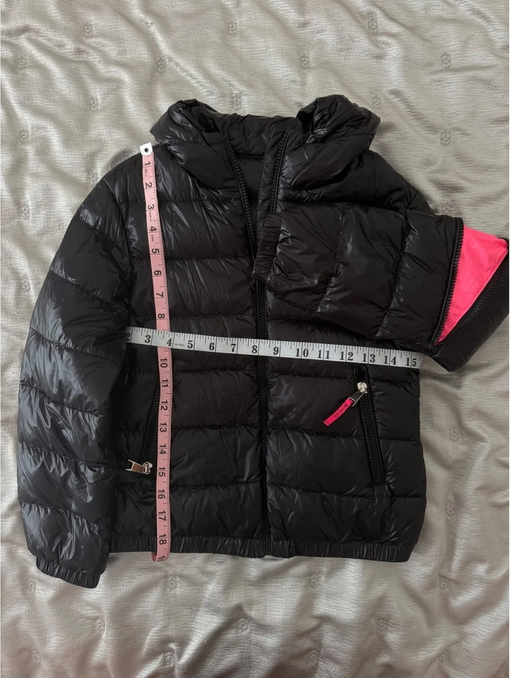 Moncler Girls Black Lightweight Down Puffer Jacket Hooded Pink Zip Size 10Y
